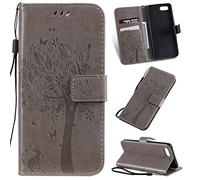 SATURCASE Case for OPPO A1K / Realme C2, Cat Tree Embossing PU Leather Flip Magnet Wallet Stand Card Slots Protective Cover with Hand Strap for OPPO A1K / Realme C2 (Gray)