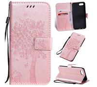 SATURCASE Case for OPPO A1K / Realme C2, Cat Tree Embossing PU Leather Flip Magnet Wallet Stand Card Slots Protective Cover with Hand Strap for OPPO A1K / Realme C2 (Rose Gold)