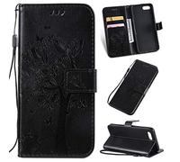 SATURCASE Case for OPPO A1K / Realme C2, Cat Tree Embossing PU Leather Flip Magnet Wallet Stand Card Slots Protective Cover with Hand Strap for OPPO A1K / Realme C2 (Black)