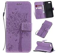 SATURCASE Case for OPPO A1K / Realme C2, Cat Tree Embossing PU Leather Flip Magnet Wallet Stand Card Slots Protective Cover with Hand Strap for OPPO A1K / Realme C2 (Lavender)