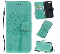 SATURCASE Case for OPPO A1K / Realme C2, Cat Tree Embossing PU Leather Flip Magnet Wallet Stand Card Slots Protective Cover with Hand Strap for OPPO A1K / Realme C2 (Green)