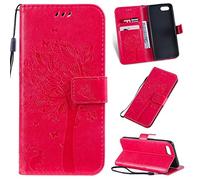 SATURCASE Case for OPPO A1K / Realme C2, Cat Tree Embossing PU Leather Flip Magnet Wallet Stand Card Slots Protective Cover with Hand Strap for OPPO A1K / Realme C2 (Rose)
