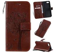 SATURCASE Case for OPPO A1K / Realme C2, Cat Tree Embossing PU Leather Flip Magnet Wallet Stand Card Slots Protective Cover with Hand Strap for OPPO A1K / Realme C2 (Brown)