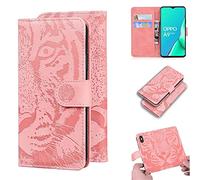 SATURCASE Case for OPPO A5 2020 / A9 2020, Cool Tiger Embossing PU Leather Flip Dual Magnet Wallet Stand Card Slots Protective Cover for OPPO A5 2020 / A9 2020 (Pink)
