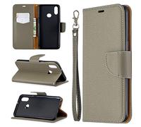 SATURCASE Case for Samsung Galaxy A10s, Litchi PU Leather Flip Magnet Wallet Stand Card Slots Protective Cover with Hand Strap for Samsung Galaxy A10s (LZ-Gray)