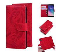 SATURCASE Case for Samsung Galaxy A6 2018, Cool Tiger Embossing PU Leather Flip Dual Magnet Wallet Stand Card Slots Protective Cover for Samsung Galaxy A6 2018 (Red)