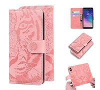SATURCASE Case for Samsung Galaxy A6 2018, Cool Tiger Embossing PU Leather Flip Dual Magnet Wallet Stand Card Slots Protective Cover for Samsung Galaxy A6 2018 (Pink)