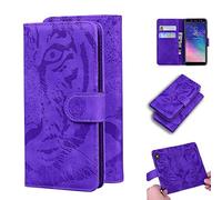 SATURCASE Case for Samsung Galaxy A6 2018, Cool Tiger Embossing PU Leather Flip Dual Magnet Wallet Stand Card Slots Protective Cover for Samsung Galaxy A6 2018 (Purple)
