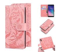 SATURCASE Case for Samsung Galaxy A6 Plus 2018, Cool Tiger Embossing PU Leather Flip Dual Magnet Wallet Stand Card Slots Protective Cover for Samsung Galaxy A6 Plus 2018 (Pink)