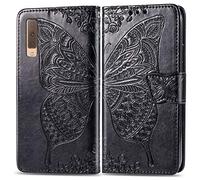 SATURCASE Case for Samsung Galaxy A7 2018, Butterfly Embossing PU Leather Flip Magnet Wallet Stand Card Slots Protective Cover with Hand Strap for Samsung Galaxy A7 2018 (Black)