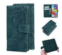 SATURCASE Case for Samsung Galaxy A71, Cool Tiger Embossing PU Leather Flip Dual Magnet Wallet Stand Card Slots Protective Cover for Samsung Galaxy A71 (Green)