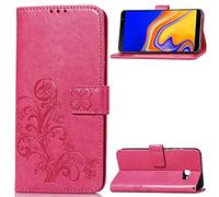 SATURCASE Case for Samsung Galaxy J4 Plus 2018, Lucky Clover PU Leather Flip Magnet Wallet Stand Card Slots Protective Cover with Hand Strap for Samsung Galaxy J4 Plus 2018 (Rose)