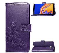SATURCASE Case for Samsung Galaxy J4 Plus 2018, Lucky Clover PU Leather Flip Magnet Wallet Stand Card Slots Protective Cover with Hand Strap for Samsung Galaxy J4 Plus 2018 (Purple)