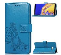 SATURCASE Case for Samsung Galaxy J4 Plus 2018, Lucky Clover PU Leather Flip Magnet Wallet Stand Card Slots Protective Cover with Hand Strap for Samsung Galaxy J4 Plus 2018 (Blue)