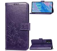 SATURCASE Case for Samsung Galaxy Note 10 Plus 6.8", Lucky Clover PU Leather Flip Magnet Wallet Stand Card Slots Protective Cover with Hand Strap for Samsung Galaxy Note 10 Plus 6.8" (Purple)