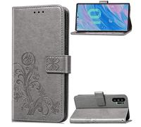 SATURCASE Case for Samsung Galaxy Note 10 Plus 6.8", Lucky Clover PU Leather Flip Magnet Wallet Stand Card Slots Protective Cover with Hand Strap for Samsung Galaxy Note 10 Plus 6.8" (Gray)