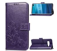 SATURCASE Case for Samsung Galaxy S10 Plus, Lucky Clover PU Leather Flip Magnet Wallet Stand Card Slots Protective Cover with Hand Strap for Samsung Galaxy S10 Plus (Purple)