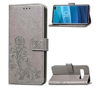 SATURCASE Case for Samsung Galaxy S10 Plus, Lucky Clover PU Leather Flip Magnet Wallet Stand Card Slots Protective Cover with Hand Strap for Samsung Galaxy S10 Plus (Gray)