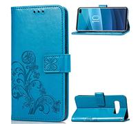 SATURCASE Case for Samsung Galaxy S10 Plus, Lucky Clover PU Leather Flip Magnet Wallet Stand Card Slots Protective Cover with Hand Strap for Samsung Galaxy S10 Plus (Blue)