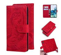 SATURCASE Case for Samsung Galaxy S20, Cool Tiger Embossing PU Leather Flip Dual Magnet Wallet Stand Card Slots Protective Cover for Samsung Galaxy S20 (Red)