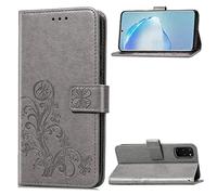 SATURCASE Case for Samsung Galaxy S20 Plus, Lucky Clover PU Leather Flip Magnet Wallet Stand Card Slots Protective Cover with Hand Strap for Samsung Galaxy S20 Plus (Gray)