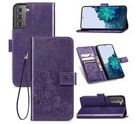 SATURCASE Case for Samsung Galaxy S21 Plus, Lucky Clover PU Leather Flip Magnet Wallet Stand Card Slots Protective Cover with Hand Strap for Samsung Galaxy S21 Plus (Purple)