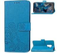 SATURCASE Case for Samsung Galaxy S9+ / S9 Plus, Lucky Clover PU Leather Flip Magnet Wallet Stand Card Slots Protective Cover with Hand Strap for Samsung Galaxy S9+ / S9 Plus (Blue)