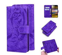SATURCASE Case for Sony Xperia 10, Cool Tiger Embossing PU Leather Flip Dual Magnet Wallet Stand Card Slots Protective Cover for Sony Xperia 10 (Purple)