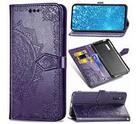 SATURCASE Case for Vivo V15 Pro, Mandala Embossing PU Leather Flip Magnet Wallet Stand Card Slots Protective Cover with Hand Strap for Vivo V15 Pro (Purple)