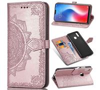 SATURCASE Case for Vivo V9 / Y85, Mandala Embossing PU Leather Flip Magnet Wallet Stand Card Slots Protective Cover with Hand Strap for Vivo V9 / Y85 (Rose Gold)