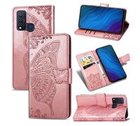 SATURCASE Case for Vivo Y50, Butterfly Flower PU Leather Flip Magnet Wallet Stand Card Slots Protective Cover with Hand Strap for Vivo Y50 (Rose Gold)
