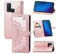 SATURCASE Case for Vivo Y50, Mandala Embossing PU Leather Flip Magnet Wallet Stand Card Slots Protective Cover with Hand Strap for Vivo Y50 (Rose Gold)