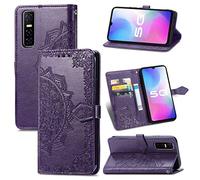 SATURCASE Case for Vivo Y73S, Mandala Embossing PU Leather Flip Magnet Wallet Stand Card Slots Protective Cover with Hand Strap for Vivo Y73S (Purple)