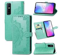 SATURCASE Case for Vivo Y73S, Mandala Embossing PU Leather Flip Magnet Wallet Stand Card Slots Protective Cover with Hand Strap for Vivo Y73S (Green)