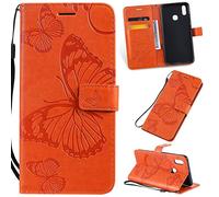 SATURCASE Case for Vivo Y91 / Y91i / Y95 / Y93, Butterfly Embossing PU Leather Flip Magnet Wallet Stand Card Slots Protective Cover with Hand Strap for Vivo Y91 / Y91i / Y95 / Y93 (BU-Orange)