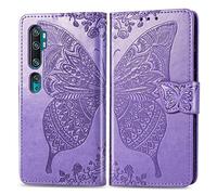 SATURCASE Case for Xiaomi Mi Note 10, Butterfly Embossing PU Leather Flip Magnet Wallet Stand Card Slots Protective Cover with Hand Strap for Xiaomi Mi Note 10 / CC9 Pro (Lavender)