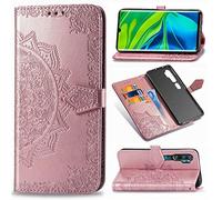SATURCASE Case for Xiaomi Mi Note 10, Mandala Embossing PU Leather Flip Magnet Wallet Stand Card Slots Protective Cover with Hand Strap for Xiaomi Mi Note 10 / CC9 Pro (Rose Gold)