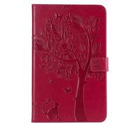 SATURCASE Cat Tree Embossing PU Leather Flip Magnet Wallet Stand Card Slots Protective Case Cover for Samsung Galaxy Tab A 8.0 (2018) SM-T387 (Red)
