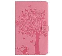SATURCASE Cat Tree Embossing PU Leather Flip Magnet Wallet Stand Card Slots Protective Case Cover for Samsung Galaxy Tab A 10.1 (2016) SM-T580 T585 (Pink)