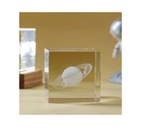 (Saturn, 6x6x6cm) 3D Moon Solar Galaxy System Model Paperweight - Laser Etched Crystal Glass Cube, LED Night Light, Desktop Room Decor, Creative Gifts