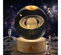 Saturn Crystal Ball Night Light - 80mm Large K9 Glass Planet Sphere Lamp with Multicolour LED Beechwood Base, USB Rechargeable 3D Laser Engraved Astronomy Gift for Bedroom Living Room Home Decor