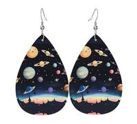 Saturn Jupiter Earth Pattern leather earrings | Water drop-shaped printed earrings, suitable for daily/party/dating scenes