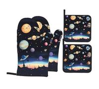 Saturn Jupiter Earth Printed Silicone Gloves 4-Piece Set Anti-scalding Oven Baking Gloves Pot Cover BBQ Cooking Gloves