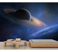 Saturn Planet Wall Mural Blue Nebula Mural Galaxy Planet Wallpaper Golden Rings Galaxy Scene Photo Wallpaper for Living Room Bedroom 390 x 260 cm
