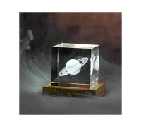(Saturn with LED Base, 5x5x5cm) 3D Moon Solar Galaxy System Model Paperweight - Laser Etched Crystal Glass Cube, LED Night Light, Desktop Room Decor, Creative Gifts