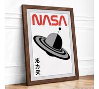 Saturn with NASA Logo Retro Framed Wall Art Print A4 (29.7×21cm) Walnut, Wall Decor for Living Room, Bedroom, Office & Home, Ready to Hang, Art Gift