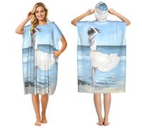 SATUSA Girl On A Windy Beach Print Beach Changing Robe With Pocket & Hood Poncho Quick Dry For Unisex Mens Womens To Change Wet Suit Swimming Ponchos
