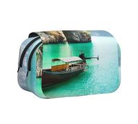 SATUSA Green Lake Boat Print Pencil Case Large Capacity Pen Pouch Pencil Bag with 2 Compartments Pen Holder Organizer Stationery Bag