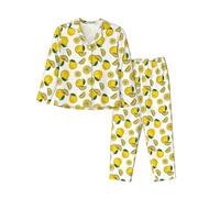 SATUSA Lemon Fruit Pattern Print Pajamas Women'S Long Sleeve Sleepwear Soft Button Down Loungewear Pjs Lounge Set Nightwear