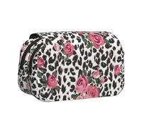 SATUSA Pink Cute Rose Mix Leopard Pattern Print Pencil Case Large Capacity Pen Pouch Pencil Bag with 2 Compartments Pen Holder Organizer Stationery Bag